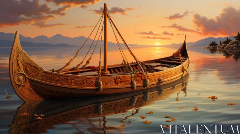 Viking Boat at Sunset: Digital Painting Masterpiece AI Image