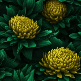 Yellow Chrysanthemum Floral Pattern on Dark Green Background