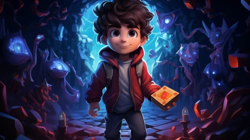 Young Boy in Dark Cave - Digital Fantasy Art
