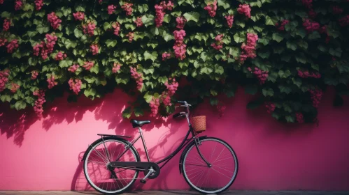 Black Bicycle Against Pink Wall with Climbing Plant