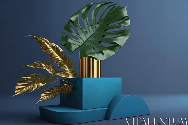 Captivating 3D Rendering of Cactus on Blue Pedestal with Gold Leaves AI Image