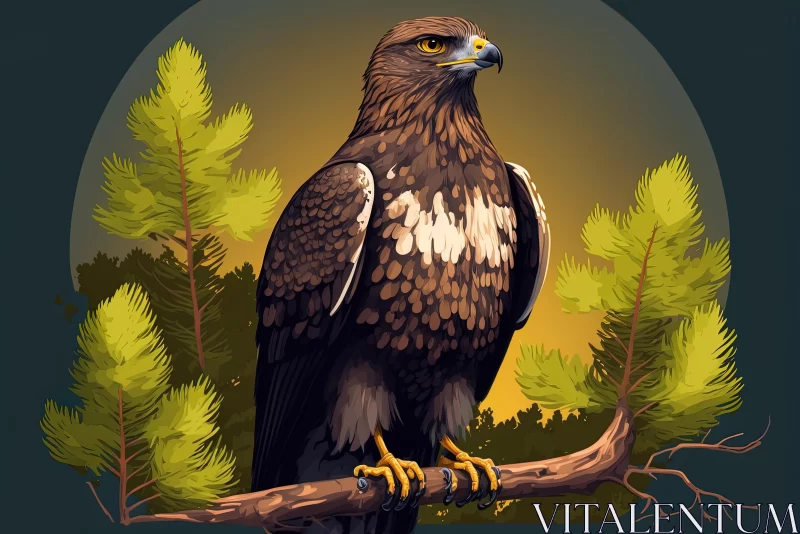 Captivating Illustration: Brown Eagle on Branch with Pine Trees AI Image