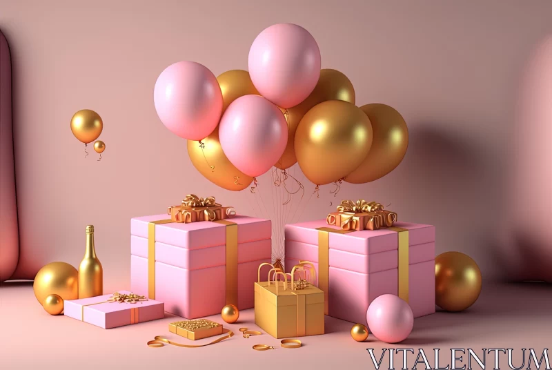 Captivating Pink Background with Balloons and Gifts | Meticulous Still Life AI Image