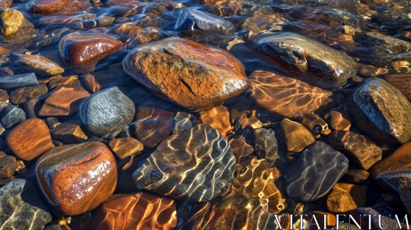 Close-up of Smooth Rocks in a Shallow River - Tranquil Nature Image AI Image