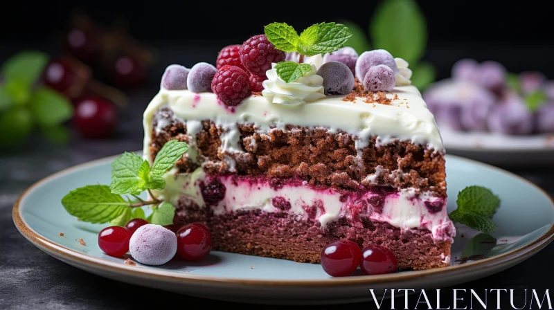 Delicious Cake with Berries on Blue Plate AI Image