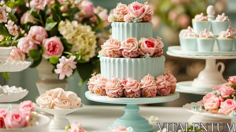 Elegant Two-Tiered Cake with Pink Roses and Cupcakes AI Image