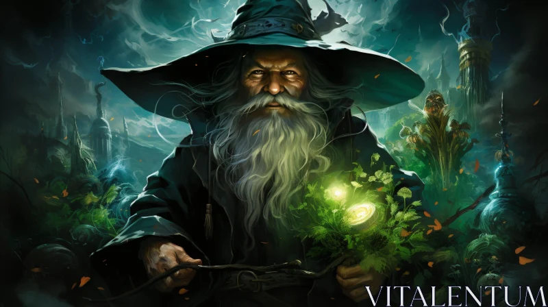Enchanting Wizard Painting in Dark Forest AI Image