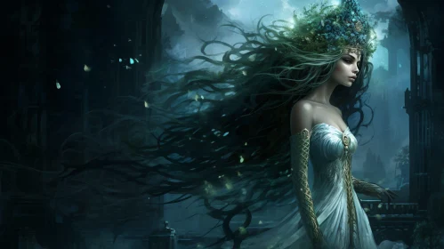 Enigmatic Dark Fantasy Painting of a Woman in Ruined Castle