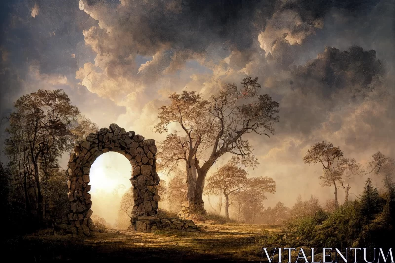 Ethereal Forest Archway: Ancient Ruins in a Scenic Landscape AI Image