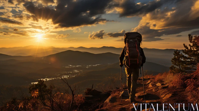 Golden Sunset Hiker on Mountaintop Landscape AI Image