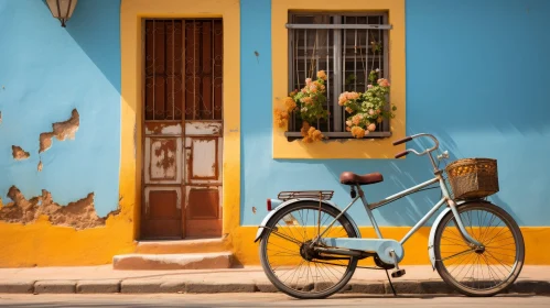 Impressive Architecture: Blue and Yellow Wall with Bicycle and Flower Pot
