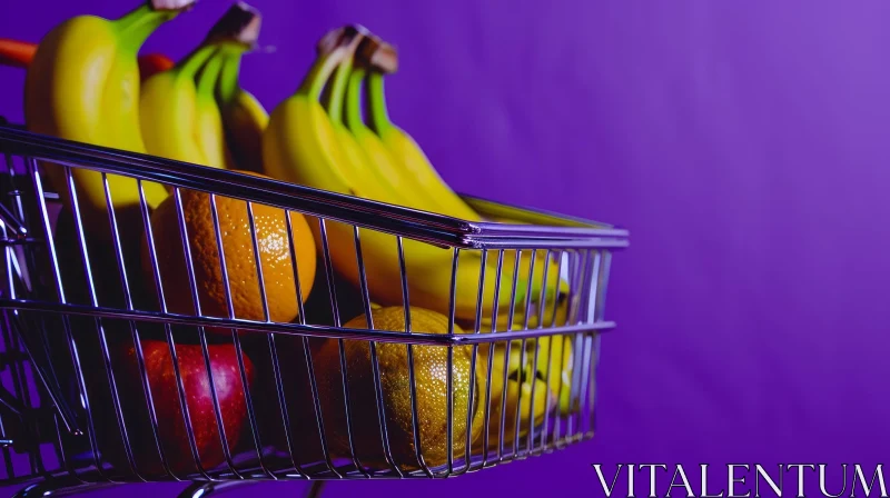 Metal Shopping Basket with Fruits on Purple Background AI Image