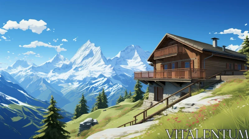 Mountain Cabin Serenity - Peaceful Nature Landscape AI Image