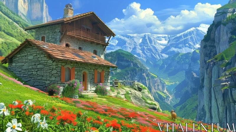Mountain House Landscape with Flowers AI Image