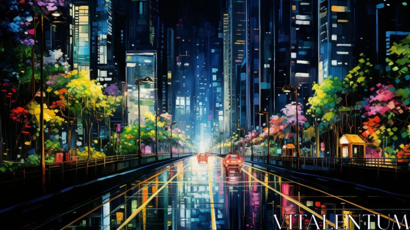 Mysterious Night Scene of City Street with Reflective Rain AI Image