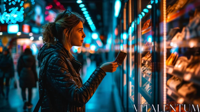 Nighttime Window Shopping: A Young Woman Enthralled by Store Displays AI Image