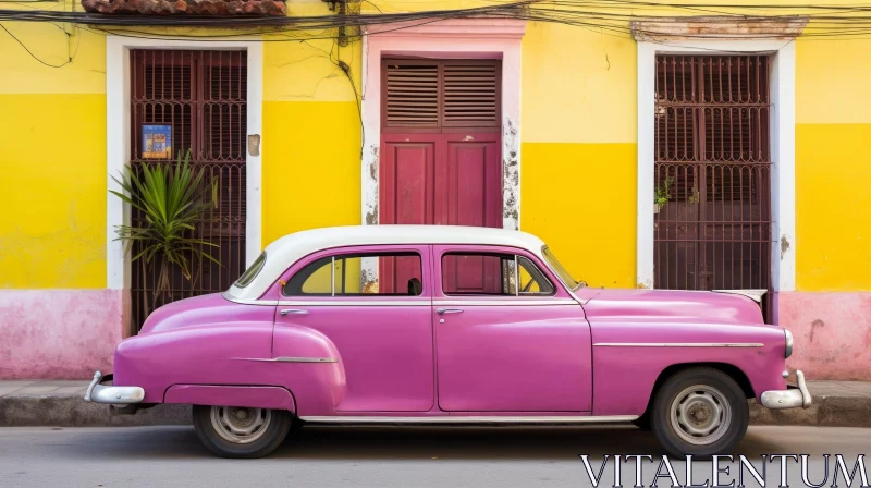 Pink Classic Car in Front of Colorful Building AI Image