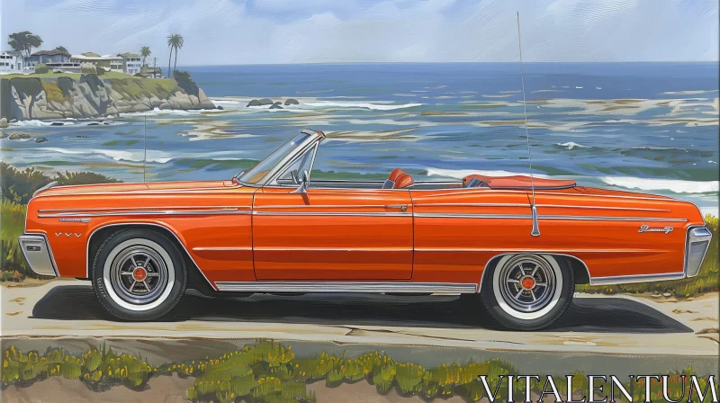 Red 1966 Pontiac Catalina Convertible Painting on Ocean Cliff AI Image