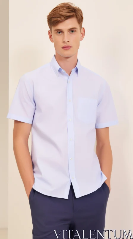 Serious Young Man in Light Blue Shirt and Dark Blue Pants AI Image