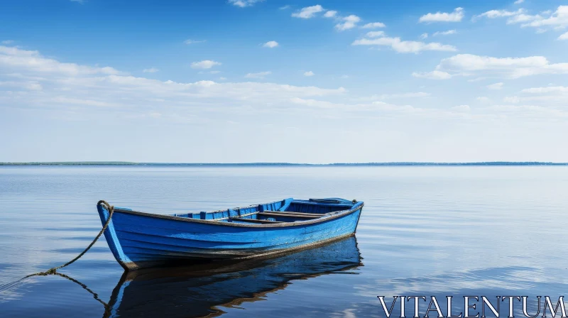 AI ART Tranquil Lake Scene with Blue Wooden Boat