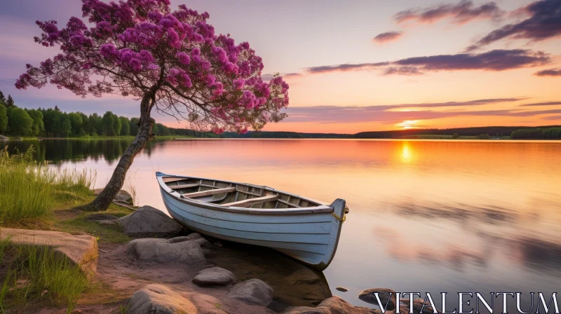 Tranquil Sunset Over Lake with Blooming Tree AI Image