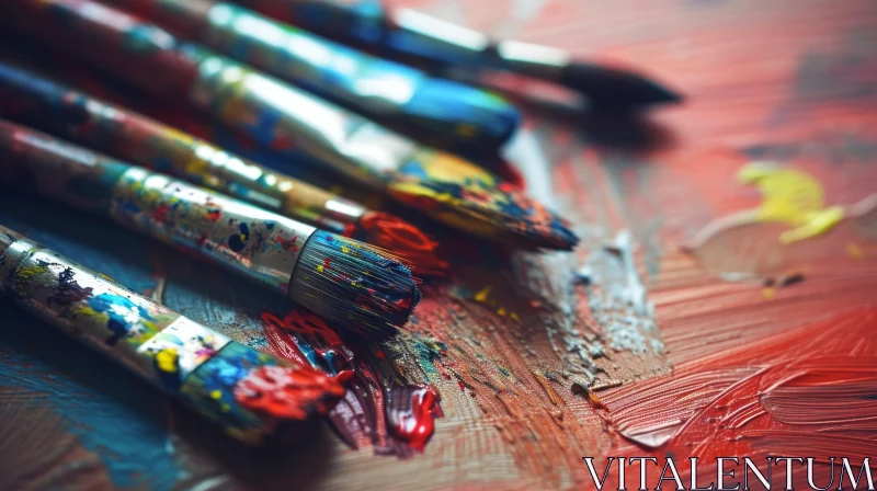 Vibrant Abstract Painting: Close-up of Paintbrushes and Palette AI Image