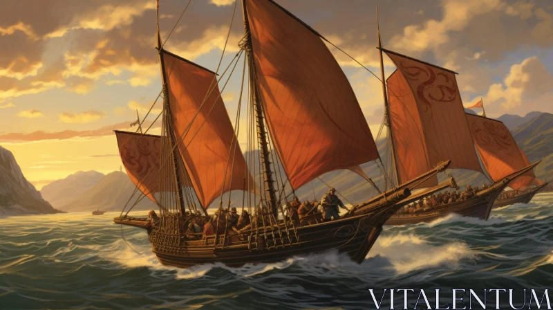 Viking Ships Sailing on Stormy Sea - Action Painting AI Image