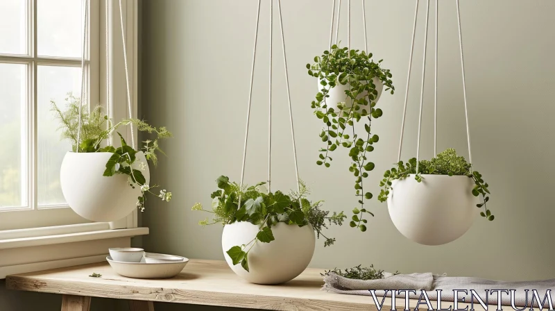 White Ceramic Hanging Planters with Green Plants - Natural and Serene Artwork AI Image