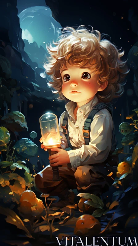 Young Boy in Dark Forest with Lantern AI Image