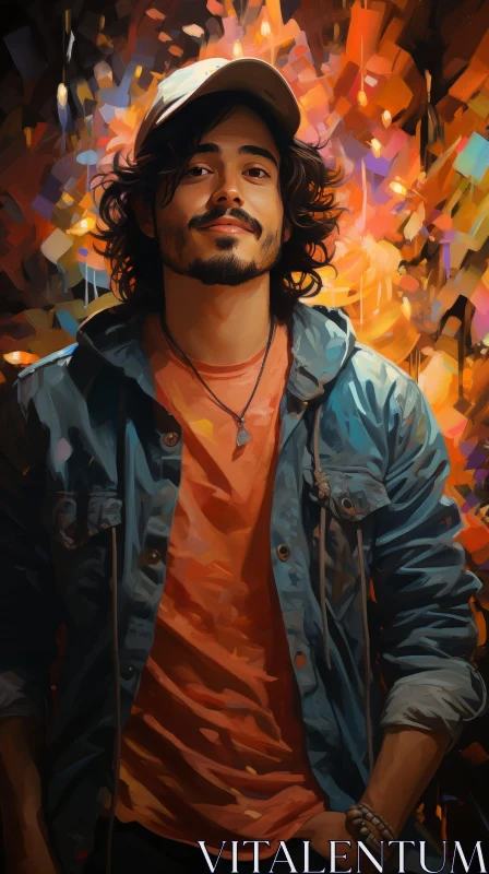 AI ART Young Man Portrait in Blue Denim Jacket and Orange T-shirt