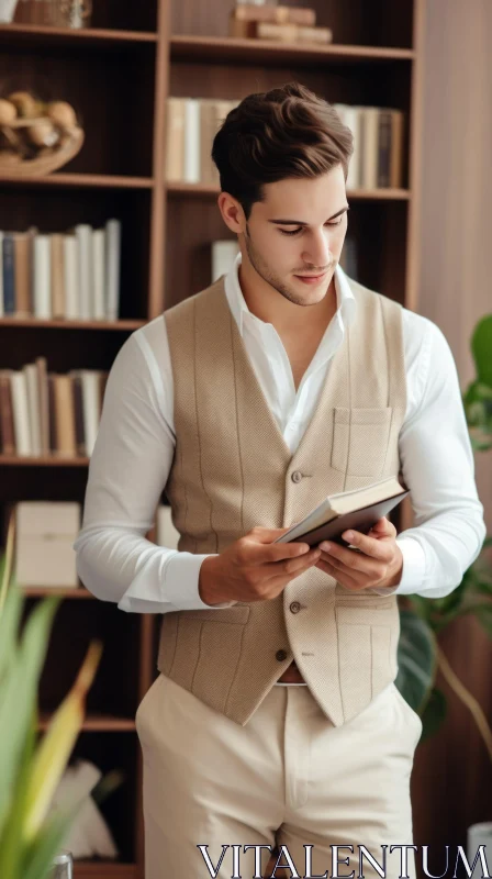 Young Man Reading in Library AI Image