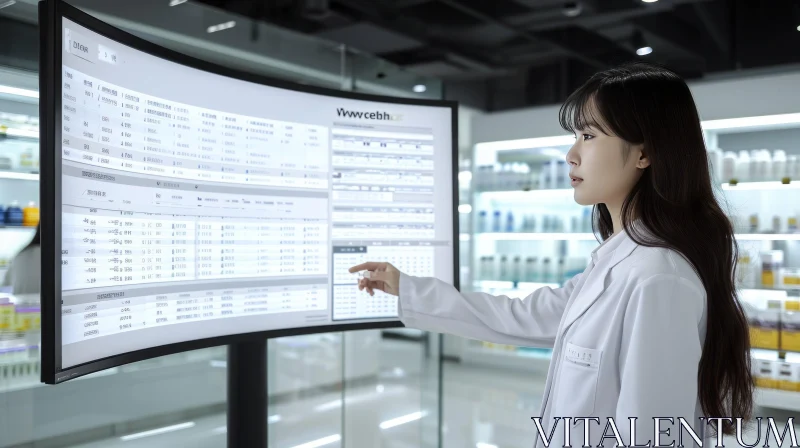 Asian Woman in Pharmacy: Focused on Data Display AI Image