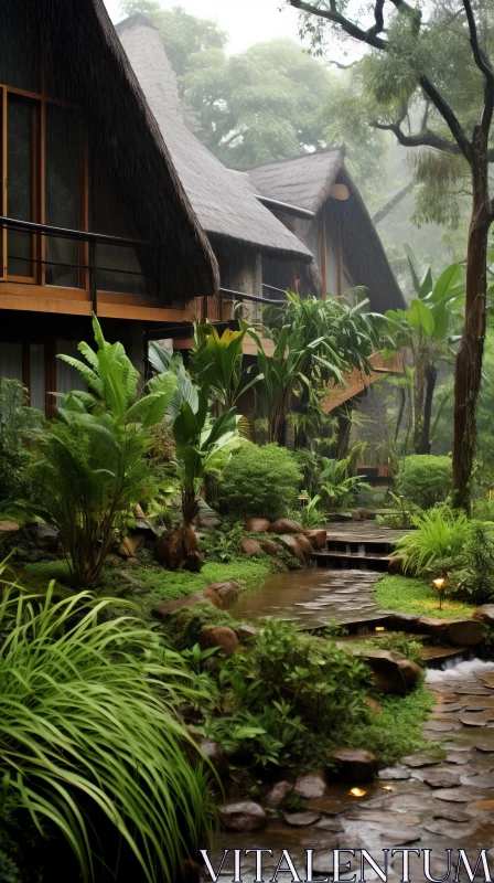 Atmospheric Jungle Oasis with Rustic Cabin and Waterfall AI Image