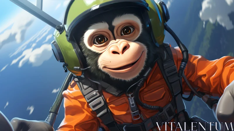 Chimpanzee in Flight Suit Smiling in Airplane Cockpit AI Image