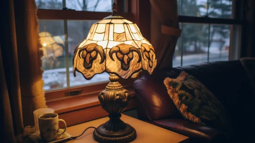 Elegant Tiffany-Style Lamp on Wooden Table with Snowy Landscape View
