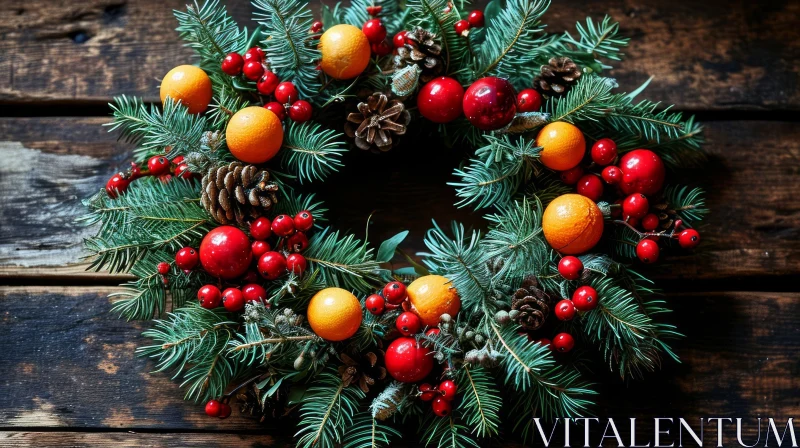 Festive Christmas Wreath: Fir Branches, Red Berries, and Pine Cones AI Image