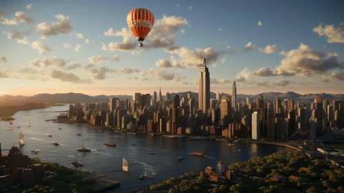 Hot Air Balloon Over New York City Skyline