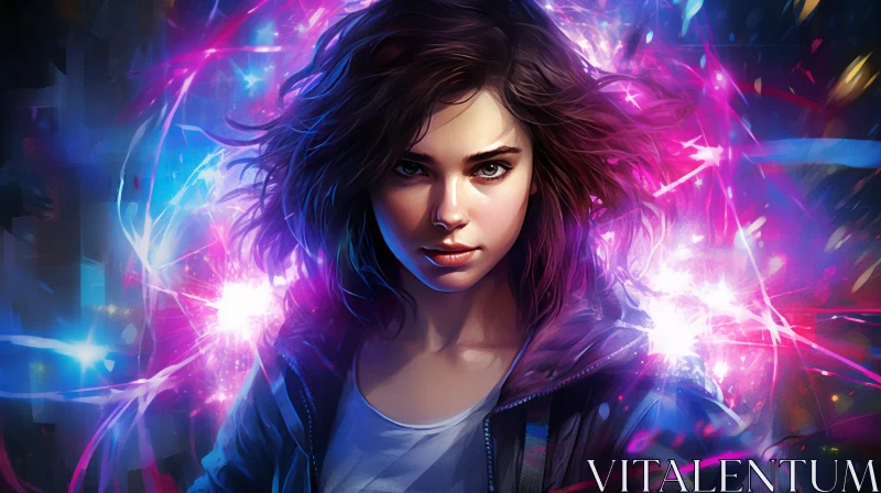 Intense Portrait of Young Woman in Blue Jacket AI Image