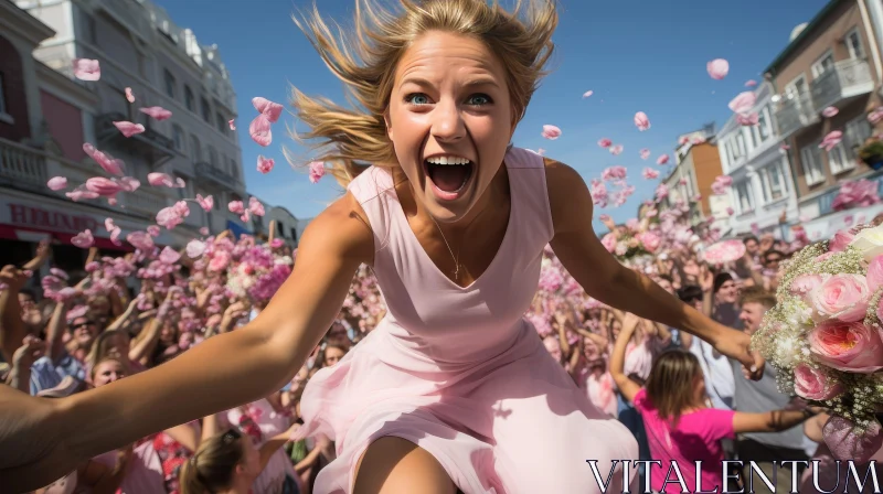 Joyful Young Woman in Pink Dress Jumping with Flower Petals AI Image