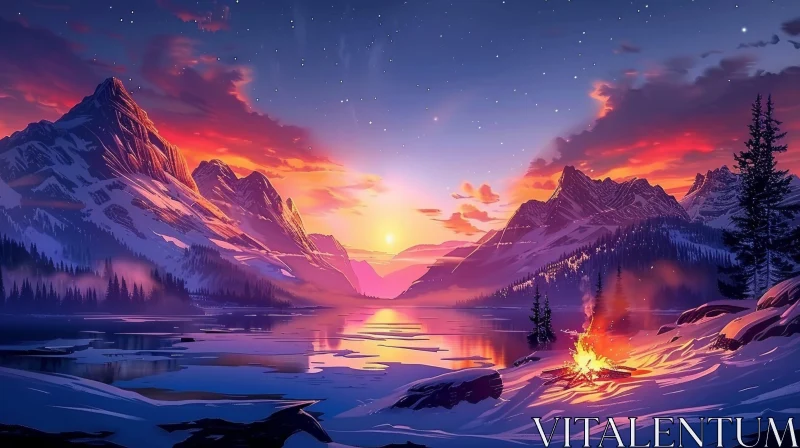 Mountain Lake Sunset Tranquility AI Image