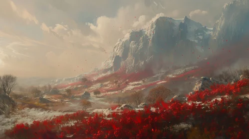Mountain Valley Landscape with Red Flowers and Snow