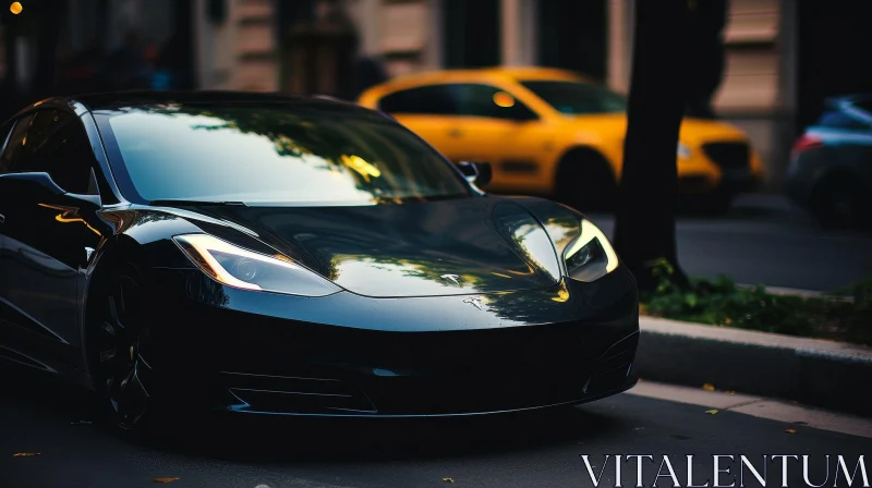 Sleek Black Tesla Model 3 on City Street AI Image