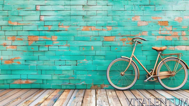 AI ART Vintage Bicycle 3D Rendering | Mint Green Wooden Wall