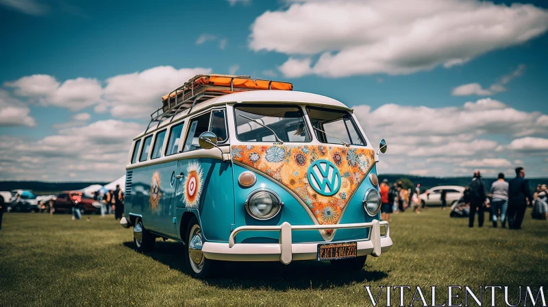 Vintage Volkswagen Bus on Field with Surfboards AI Image