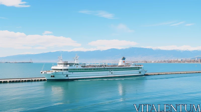 White Passenger Ship Leaving Port with Snow-Capped Mountain View AI Image