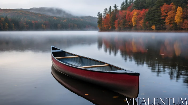 Autumn Lake Landscape with Colorful Trees and Red Canoe AI Image