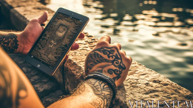 Captivating Photo: Man's Tattooed Hand Holding a Tablet AI Image