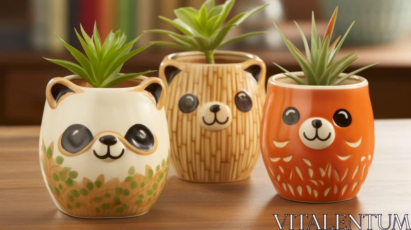 Ceramic Animal Face Pots on Wooden Table AI Image