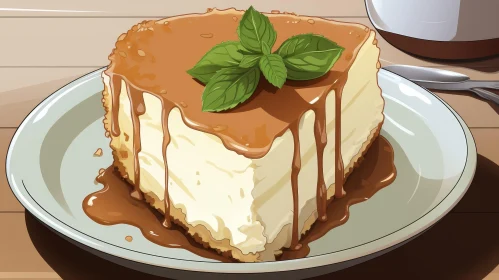 Delicious Cheesecake with Mint Leaf and Caramel Sauce