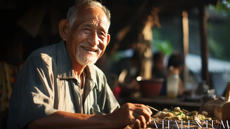 Elderly Man Portrait at Market Table AI Image